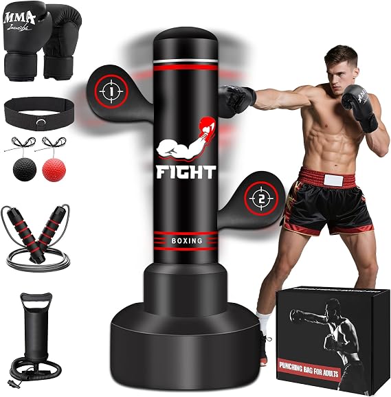 Heavy Punching Bag for Adults Teens, Boxing Bag with Gloves, Pump | 70 Standing Boxing Bag with Jump Rope, Boxing Reflex Ball, Women Men Kickboxing Bags for Training MMA Fitness