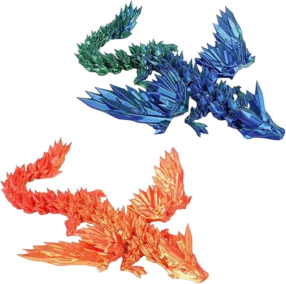 2 Pack 3D Printed Flying Dragon with Wings 22cm Articulated Dragon Toy 3D Printed Crystal Wing Dragon Bendable and Flexible Fidget Gifts Christmas Easter Birthdays Fun Desk Décor (style B)
