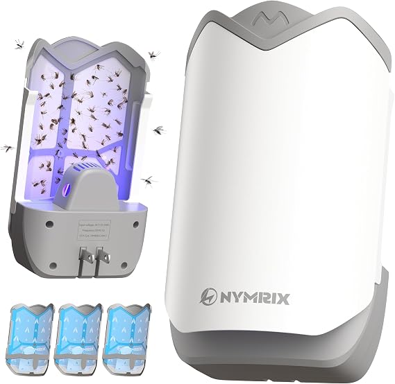 Nymrix Flying Insect Trap, Indoor Plug-in Fly Trap with Blue Light, Bug Catcher for Gnats, Fruit Flies, House Flies, Mosquitoes & Moth Curved Shield Hides Trapped Bugs (1 Device + 3 Refills)