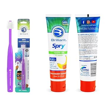 Brilliant Oral Care Bundle; Pack of 1 Kids Toothbrush with Soft Bristles Round Head - Purple & Kids Fluoride Free Toothpaste, Spry Gel with Xylitol, Strawberry Banana