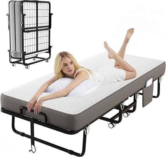 Folding Bed with Mattress, 75" 31" Memory Mattress Portable Folding Guest Bed, Metal Frame Luxury Single Bed, Suitable for Home, Dormitory, Office, Camping, Space-Saving, Easy to Assemble
