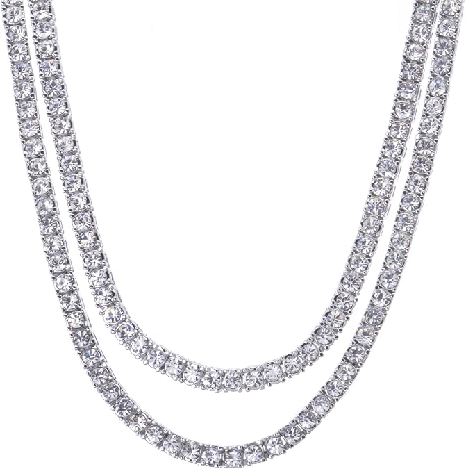 Men's Hip Hop Celebrity Fashion Silver Tone 4 mm 2 Combo Set 20" + 22" Tennis Chain Necklace