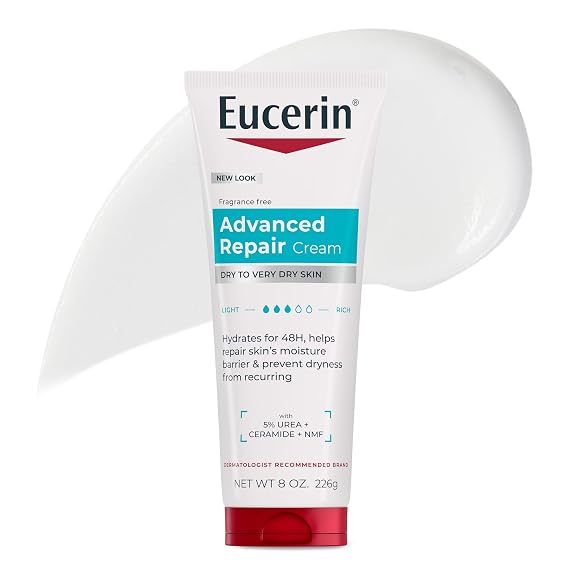 Eucerin Advanced Repair Body Cream, Urea Enriched, 8 OZ | Unscented Body Cream for Dry Skin with Urea, Ceramide and NMF, 48-Hour Hydration, Fast Absorbing, Non-Greasy, Fragrance Free