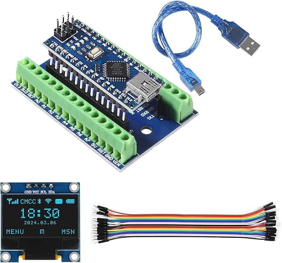 Mini Nano V3.0 ATmega328P Module Microcontroller Board with USB Cable Compatible with Arduino + Nano Terminal Adapter Shield Expansion Board + 0.96 Inch OLED Module