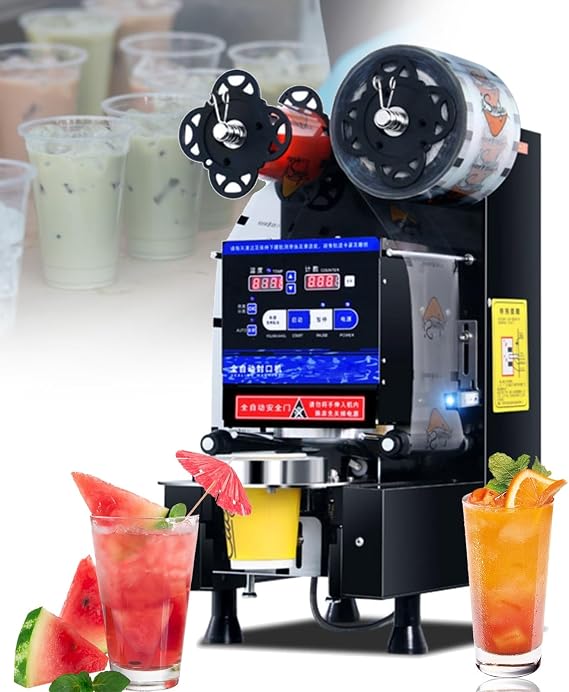 Electric Cup Sealing Machine Fully Automatic Commercial Cup Sealer Juice Drink Boba Maker Machine 400-600Cups/hr,Plastic Cup Sealer (Black 110v)