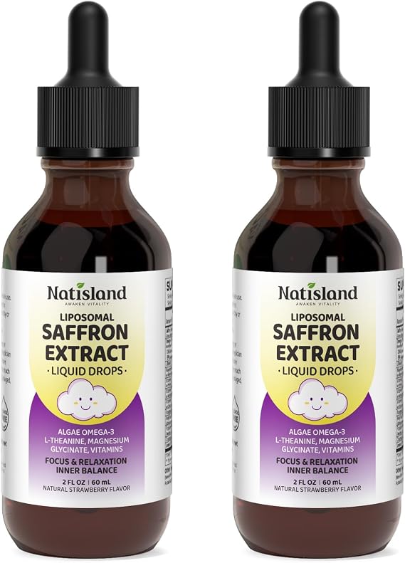 Liposomal Saffron Drops for Kids, Organic Saffron Extract Supplements with Holy Basil, Rosemary for Focus, Attention & Brain Support, Vegan, Alcohol-Free, Strawberry Flavor, 4 FL OZ