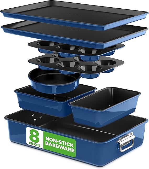 NutriChef 8-Piece Nonstick Stackable Bakeware Set - PFOA, PFOS, PTFE Free Baking Tray Set w/Non-Stick Coating, 450F Oven Safe, Round Cake, Loaf, Muffin, Wide/Square Pans, Cookie Sheet (Blue)