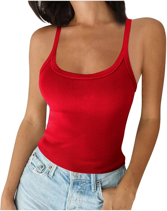 Tank Tops for Women Scoop Neck Spaghetti Strap Ribbed Camisole Athletic Workout Fitted Shirts Sleeveless Basic Tees
