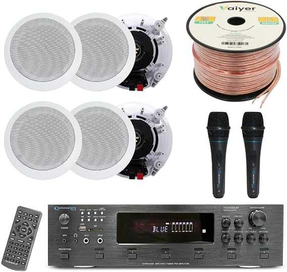 Home Theater System Kit -6 Ch 6000 Watts Bluetooth Amplifier w/ 6 Qty of 5.25" Ceiling Speakers 175W Each, 2 Qty of Mic, 250 ft Speaker Wire & Remote - for Living Room, Office, Bar by Technical Pro