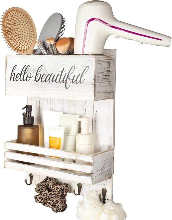 2Tier White Wooden Hair Dryer Holder Wall-Mounted Organizer