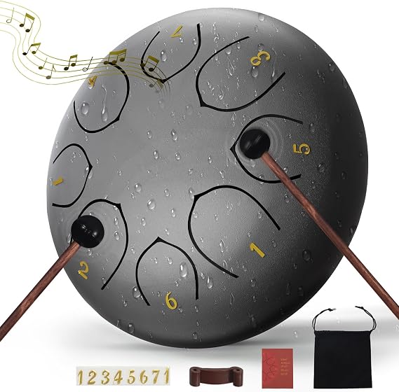 Steel Tongue Drum 6 Inch 8 Notes Rain Drum Outdoor Percussion Instrument with Mallets, Music Book & Soft Carry Pouch Easy to Play Beginner Handpan & Perfect Music Gift