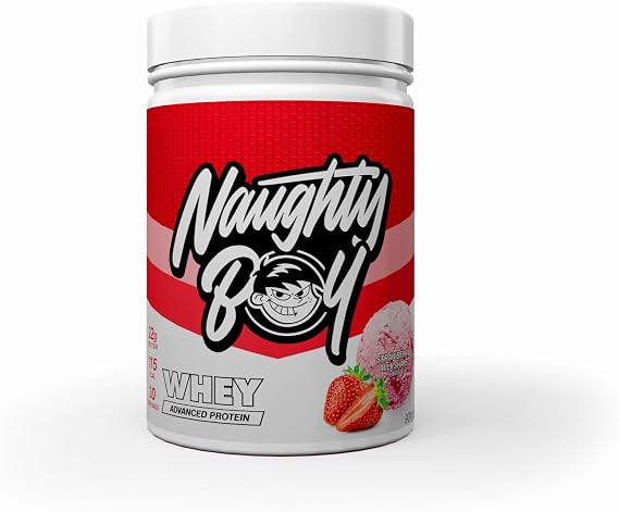 Naughty Boy Advanced Whey Protein Powder, 22g Protein, Low Sugar, Easy Mixing Recovery Shake, 900g, 30 Servings, Strawberry Milkshake