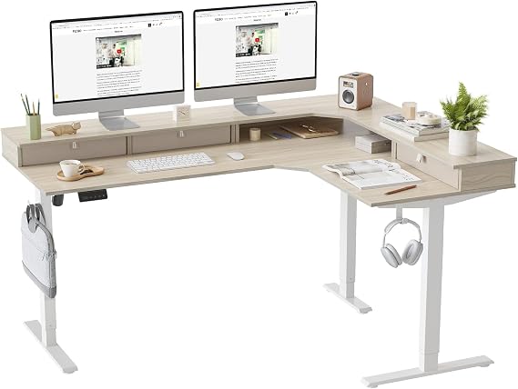 FEZIBO L-Shaped Electric Standing Desk, 63 x 48 Inches Large Height Adjustable, Corner Desk with Drawers, Ergonomic Computer Table, Light Walnut Top