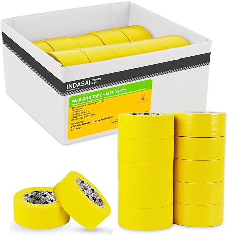 INDASA 1.5" x 50m Yellow Masking Tape, 12 CASE High-Temperature Resistant, Waterproof, No Residue, Clean Removal Ideal for Painting, Automotive, Industrial, Construction
