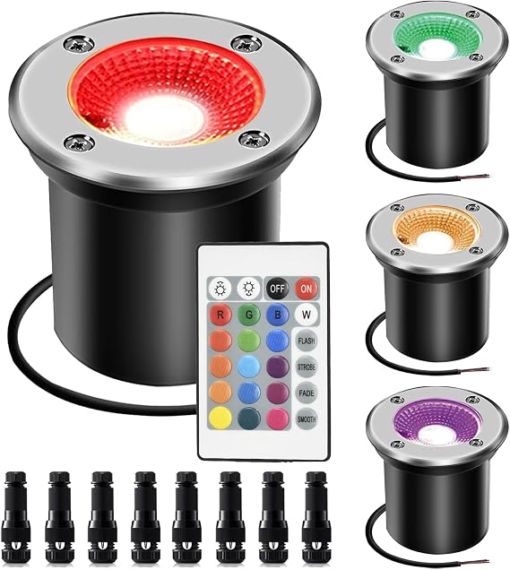 RGBW Low Voltage Landscape Light In-ground Lights with Connectors LED Well Light Waterproof IP67 3W DC12V Color Changing Outdoor In-Ground Lights Pathway Garden Deck Driveway Lamp(Multicolor)
