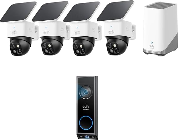 eufy Security SoloCam S340 4-Cam Kit (HomeBase S380) with Video Doorbell E340, Solar Security Camera, No Monthly Fee