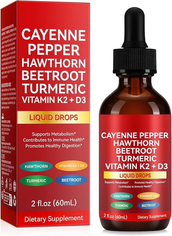 Cayenne Pepper Drops Liquid – Herbal Blend Cayenne Pepper Supplement with Hawthorn, Beetroot, Turmeric & Vitamins D3 K2 for Metabolism & Circulation Support, Immune & Digestive Function 60ml
