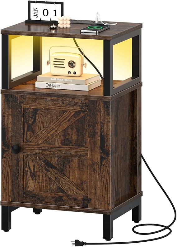 Yoobure Farmhouse Nightstand with Charging Station, Night Stand Barn Door