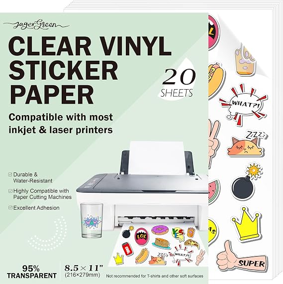 20 Sheets 95% Clear Printable Vinyl Sticker Paper 8.5x11"
