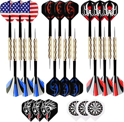 Yotsuba Steel Tip Darts, 18 Pack Professional Metal Dart Set with 24 Flights 8 Patterns, Darts for Dart Board
