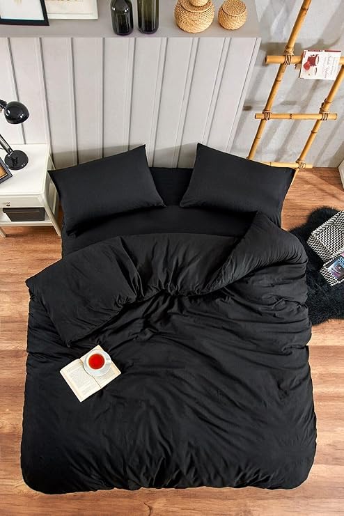 Single Solid Color Duvet Cover Set with Elastic Sheets, Black