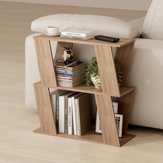 Narrow Side Table with 2 Storage Shelves,Z Shaped End Table,60*60*22CM,Oak