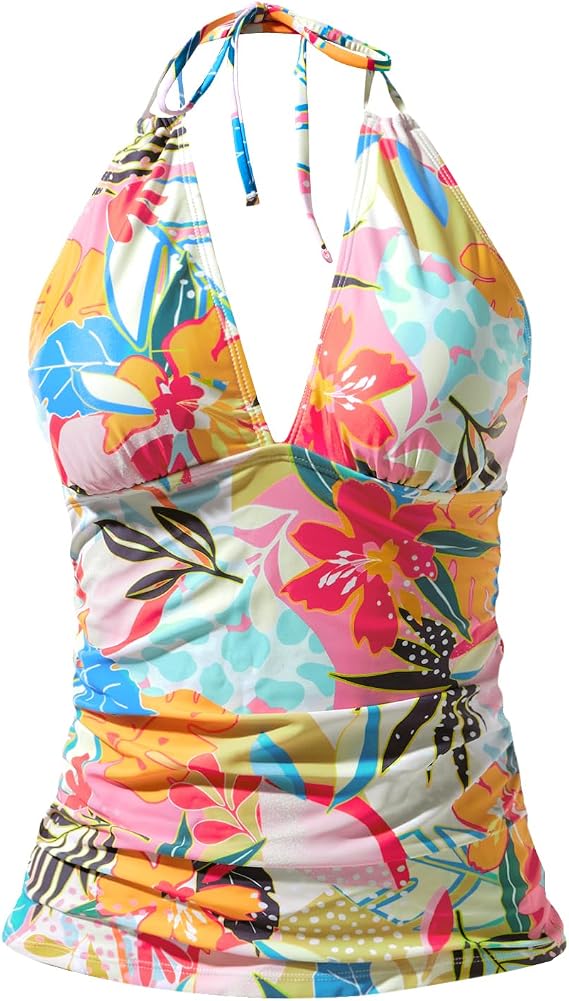 Women's Halter Tankini Top V Neck Swim Top Tummy Control Bathing Suit | Adjustable Straps, Removable Cups, Backless, Full lining, Dry Quickly, Full Torso Modesty Via Long Hem