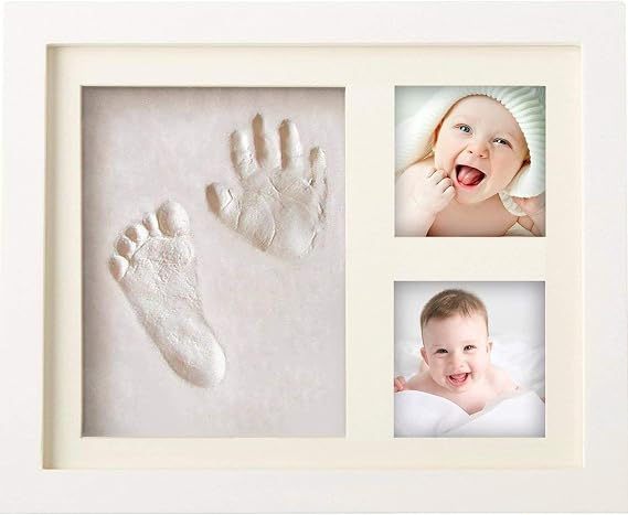 Baby Hand and Foot Print Kit, Upgraded Solid Wood Keepsake Photo Frame,100% Baby Safe Clay, Personalized Newborn Nursery Picture Frame for New Moms, Ideal Shower Christmas Gift-WHITE