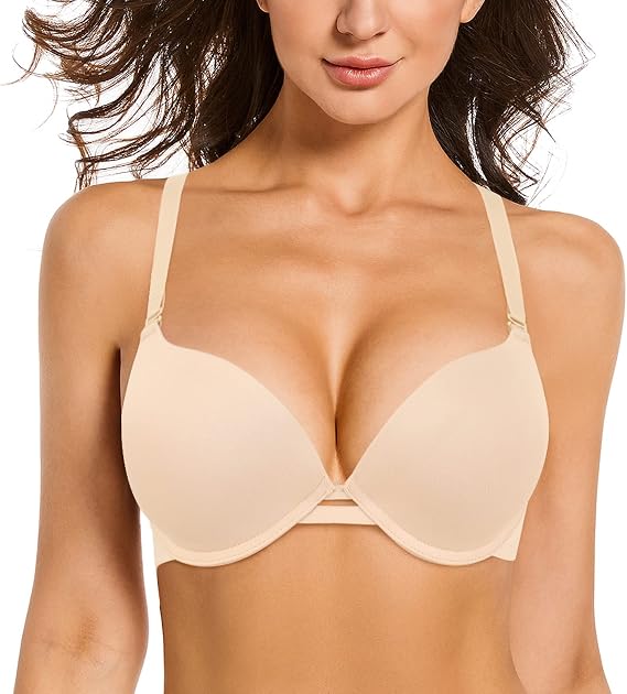 Women's Push Up Bra Add 2 Cup Sizes Super Deep V Plunge Padded Bra Comfort Support Underwire Back Smoothing Bras