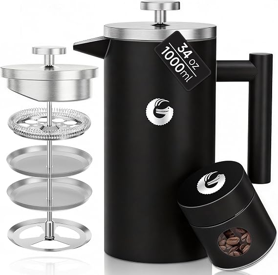 Coffee Gator French Press Coffee Maker 34 oz, Non-Toxic, Black | Double Wall, 4-Layer Filter, Cold Brew Cafetera Tea Pot for Kitchen Travel Camping, Gifts, Decor, Bar Accessories