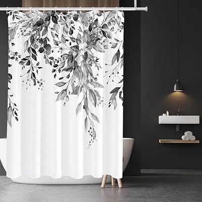 Tititex Black Eucalyptus Shower Curtain Sets, Watercolor Grey Leaves on The Top Plant with Floral Bathroom Decoration 60x72 Inch with Hooks