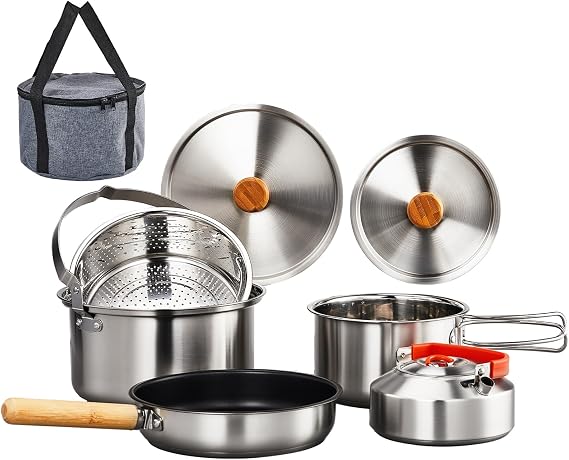 ROVSUN 6pcs Cookware Set, 304 Stainless Steel Lightweight Non-Stick Pot, Kettle and Spin with Travel Tote Bag for Open Fire, Camping, Outdoor Cooking for 4-6