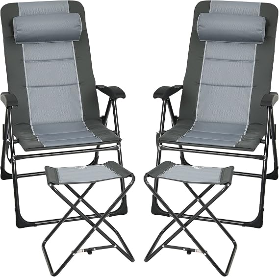 GIANTEX Set of 2 Patio Dining Chairs with Footstools, Folding Recliner Chairs with 7-Position Adjustable Backrest, Headrest, Mesh Bag, Outdoor Portable Lounge Chairs for Poolside Backyard, Grey
