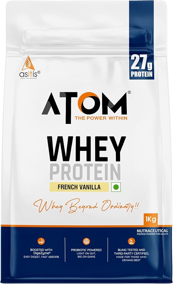 AS-IT-is Atom Whey Protein 1kg | 27g Protein | Isolate & Concentrate | French Vanilla | USA Labdoor Certified | with Digestive Enzymes for Better Absorption