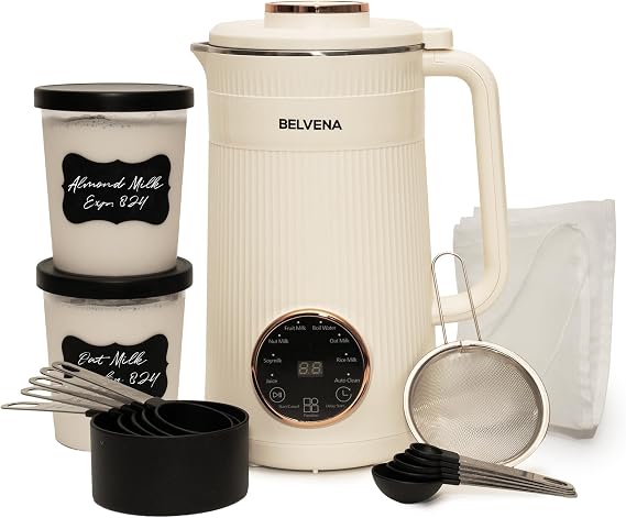 All-In-One Bundle Nut Milk Maker Machine Includes 4 Storage Bottles, Labels & Measuring Set 32oz Capacity 8 in 1 Function Soy Milk Maker Machine Automatic Stainless Steel Almond Nut Oat Rice