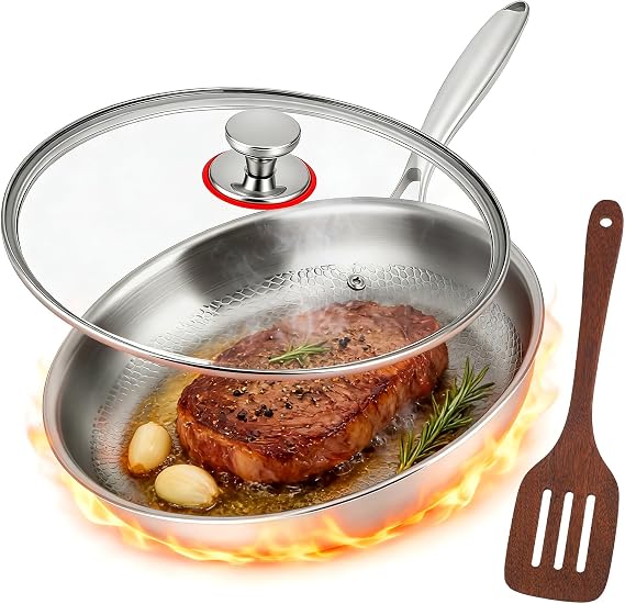 Titanium Frying Pan, 28cm Titanium Non-Stick Pan with Lid, Coating-Free and Chemical-Free, Titanium Cookware Fast and Even Heating, Thickened, Ultra-Durable, Scratch-Resistant for Kitchen Cooking