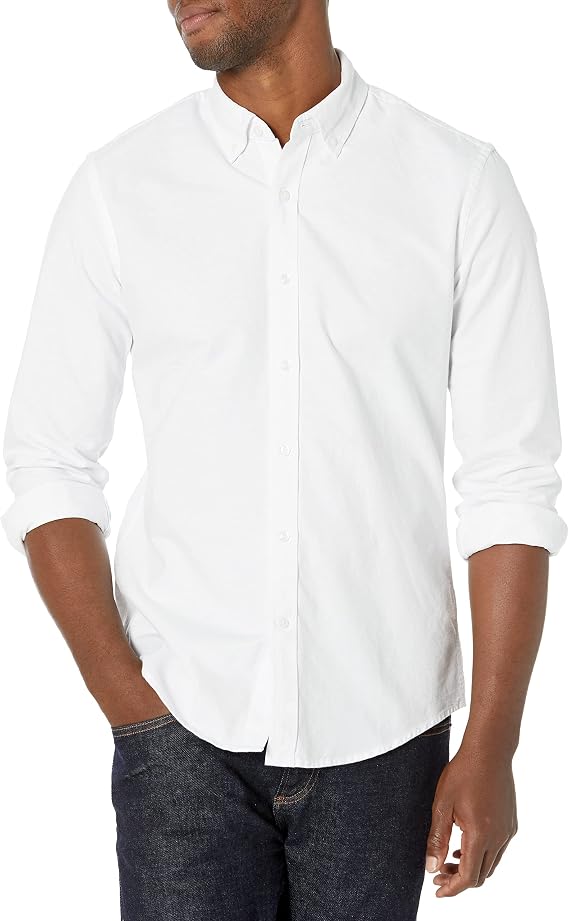 Amazon Essentials Men's Slim-Fit Long-Sleeve Oxford Shirt, White, M