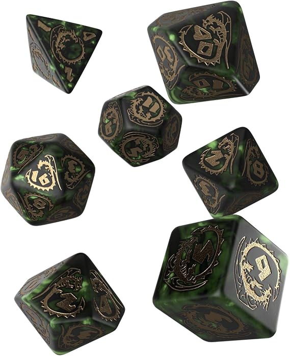 Q WORKSHOP Dragon Bottle Green & Gold RPG Ornamented Dice Set 7 Polyhedral Pieces