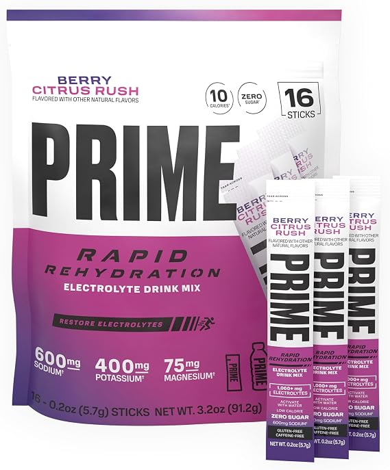 PRIME Rapid Rehydration Electrolyte Powder Sticks, Berry Citrus Rush, Sugar Free Hydration Drink Mix with Sodium, Potassium, Magnesium & B Vitamins to Replenish Fluids, Caffeine Free, 16 Count