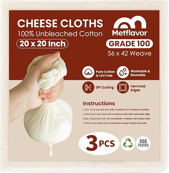 3Pcs Reusable Cheese Cloths for Straining 20x20 Inch Hemmed Edges | 100 Grade Cheesecloth Unbleached Cotton Cheese Cloth, Ultra-Dense Cloth Strainer for Yogurt/Nut Milk/Baking Making