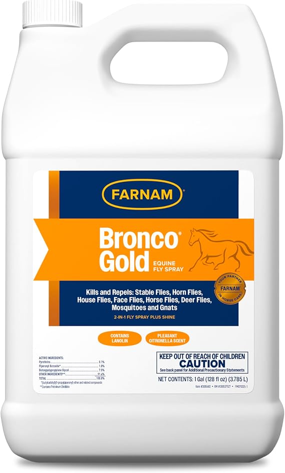 Farnam Bronco Gold Horse Fly Spray, Grooming Aid, Coat Conditioner 128 Ounces, Gallon Refill | Kills stable flies, horn flies, house flies, face flies, horse flies, deer flies, mosquitoes, gnat,Fly Spray and conditioner