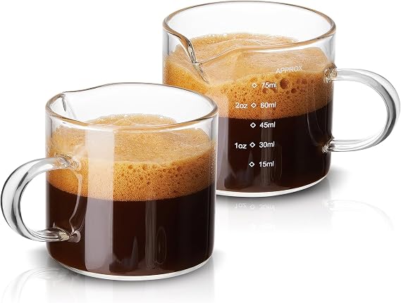 Mfacoy 2 Pack Measuring Cups, 75ML Espresso Cups with Handle, Espresso Shot Glasses with V-Shaped Mouth, Clear Accessories, Milk Frothing Pitcher