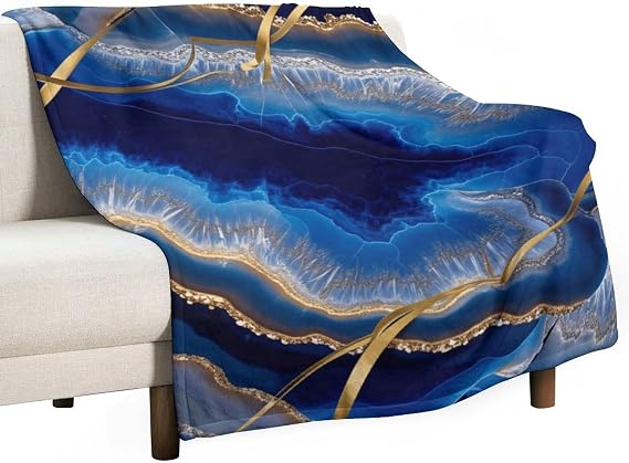 Luxury Gold Line Glitter Wave Throw Blanket, Ultra Soft Plush Flannel Blue Geometric Pattern Throw, Cozy Warm Decorative Fleece Blanket for Bed Sofa 30"x40"