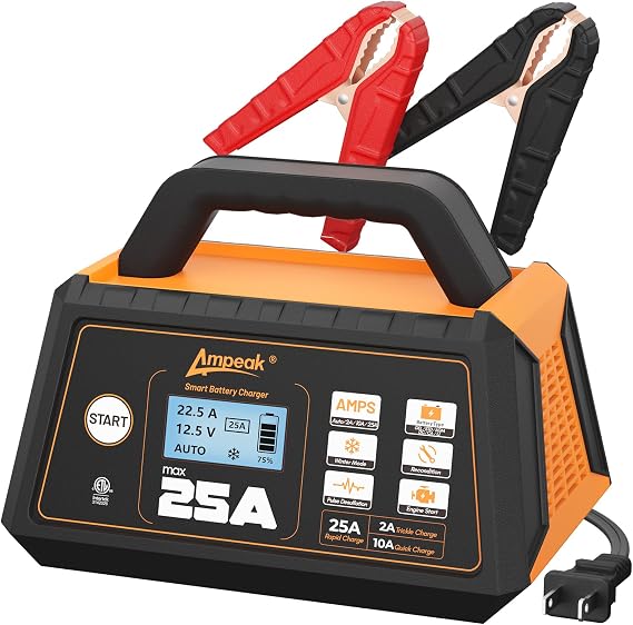 Ampeak 25A 12V Battery Charger, 2/10/25A Smart Maintainer, ETL Certified