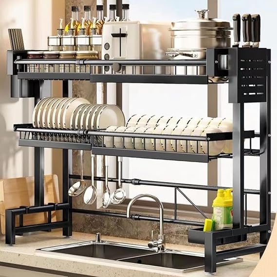 Dish Drying Rack Over The Sink Dish Drainer Drying Rack 2 Tier Large Capacity Dish Rack, Sink Organize Stand, Kitchen Counter Storage Shelf Supplies for Plates Bowls Pots Dual Layer