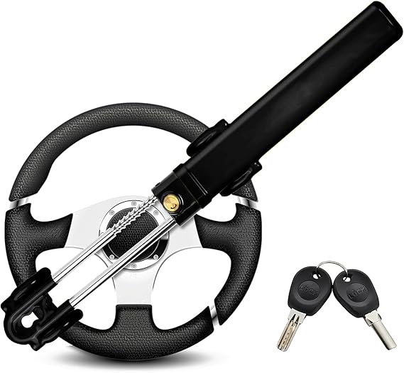 Steering Wheel Lock Twin Bar, Car Steering Wheel Locks, Universal Steering Lock Heavy Duty High Visibility Universal Fit for Cars, SUVs, Motorhomes, Caravans, 2 Keys (Black)