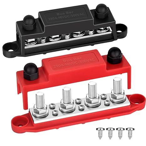 Power Distribution Block Bus bar Terminal Block 4 x 3/8" Posts, 6 x #8 Screws Terminals, 12V 250A (Red & Black)