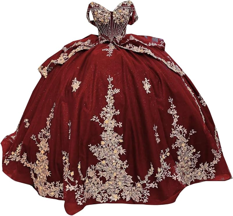 2026 Glitter Drop Waist Ball Gown Layers Prom Quinceanera Dresses with Gold Embellishment Lace