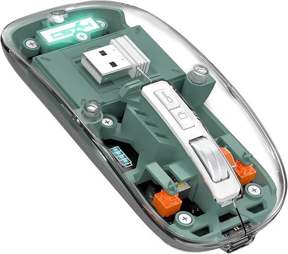AJAZZ Wireless Bluetooth5.1&2.4G Mini Lightweight Mouse,Transparent Clear Cool,Rechargeable Silent Computer Mice,Nano USB C Receiver,LED Battery Magic Silm for Office/PC/Mac/Laptop/Apple/ipad(Green)