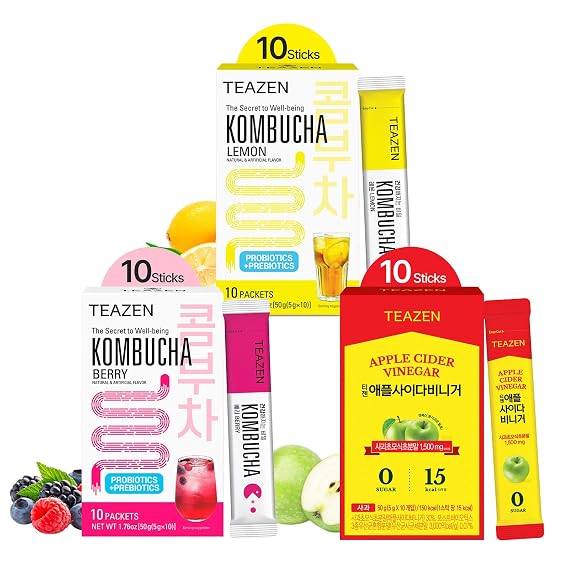 TEAZEN Kombucha Tea 20 Sticks Lemon, Berry Flavor & Apple Cider Vinegar Powder 10 Sticks